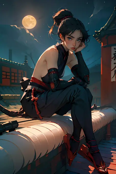 (best quality, masterpiece), 1girl, Japan, Ninja on a Rooftop, Moon, cloud, upper body, sitting