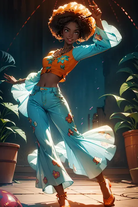 1 young female ,  smile, dark skin tone, afro hair,   stud in flared pants and a printed floral shirt   orange and cyan tone, 1970s,   huge ear ring, Bell-bottoms, flares,   Disco Mirror Ball,
disco dancing pool
 rich colors ,hyper realistic ,lifelike texture, dramatic lighting ,