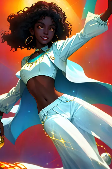 1 young female ,  smile, dark skin tone, afro hair,  a pair of sparkly bell-bottoms, a white blouse,   orange and cyan tone, 197...