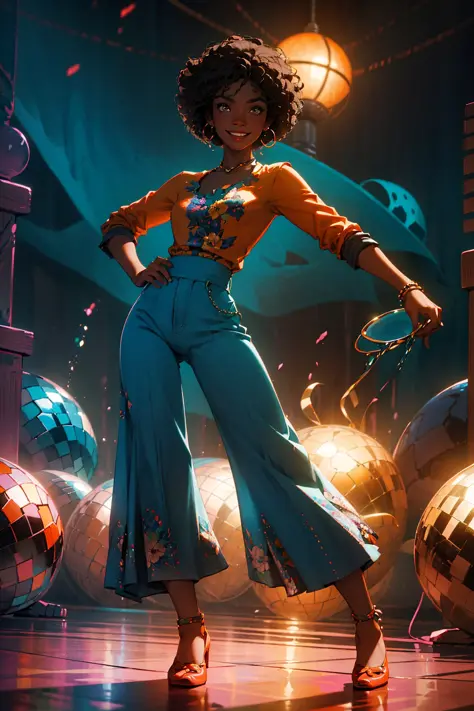 1 young female ,  smile, dark skin tone, afro hair,   stud in flared pants and a printed floral shirt   orange and cyan tone, 19...