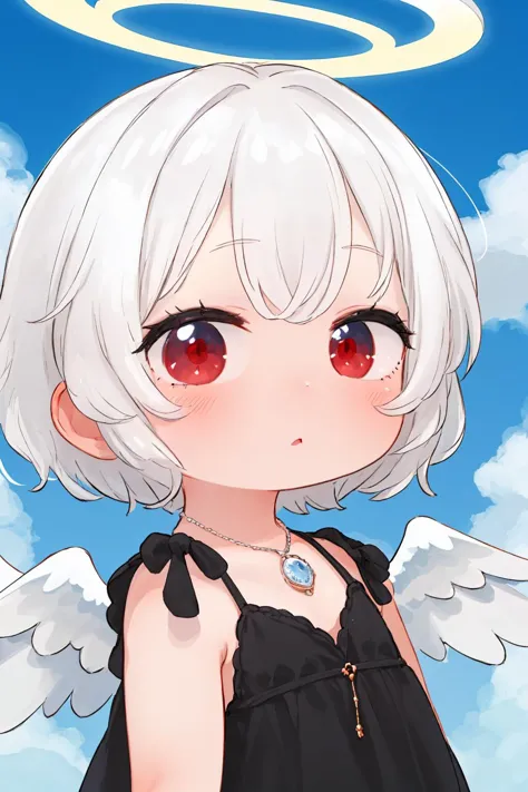 1 girl, solo, close up of a cute girl, clear delicate face, black dress, short hair, upper body,white hair, red eyes, cloud, por...