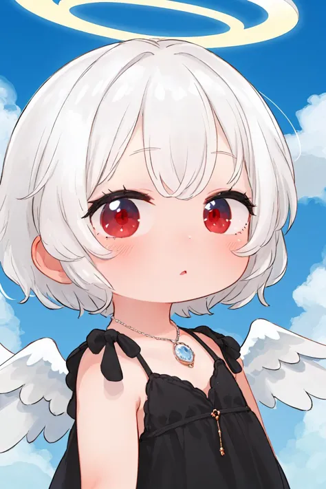 1 girl, solo, close up of a cute girl, clear delicate face, black dress, short hair, upper body,white hair, red eyes, cloud, portrait, upper body, looking at viewer, necklace, halo, angel wings,cloud, sky,