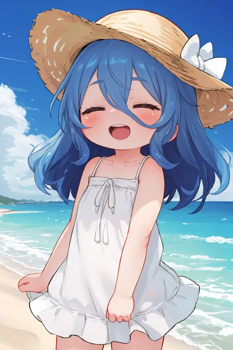 1girl, bangs, beach, blue_hair, blush, closed_eyes, collarbone, cowboy_shot, day, dress, eyebrows_visible_through_hair, hair_bet...