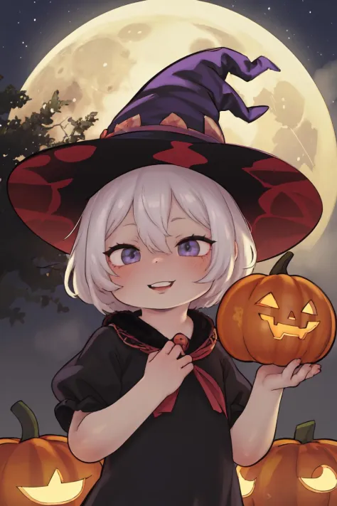 masterpiece, best quality, high resolution, extremely delicate and beautiful,finely detailed eyes and detailed face,ultra detailed, perfect details,
1girl, witch hat, naughty face, evil smile, black dress, jack-o'-lantern, night sky, full moon, upper body,