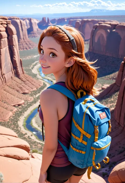 modisn disney, photo-realistic cartoon style, a 29 year old woman at the top of a mountain in awe of the serene view of arches national park, (looking back, looking at viewer:1.1), small smile, fit, (hiking pack:1.1), (water bottle:0.9), from above, side view, detailed background, sharp details