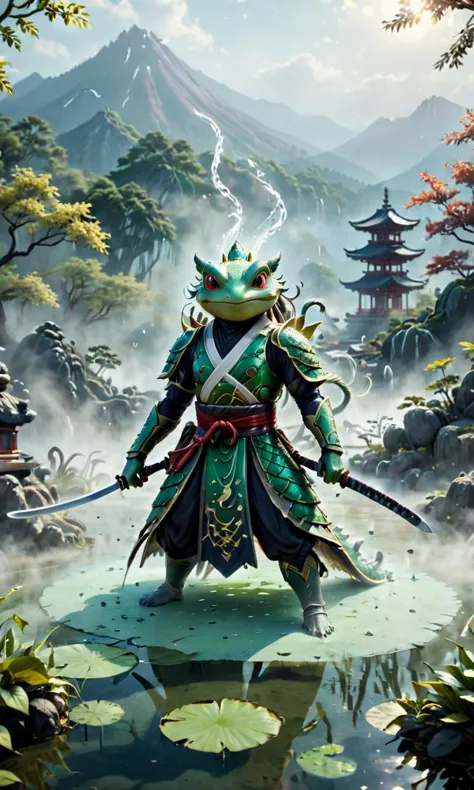 a man in a green outfit holding a sword standing on a rock