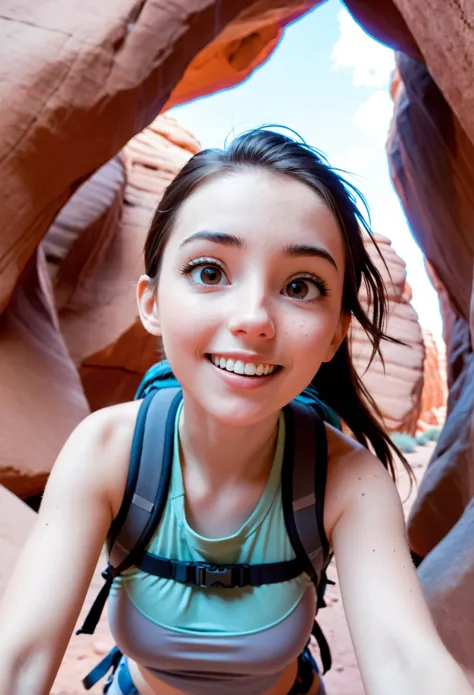 arafed woman in a blue top and a backpack standing in a canyon