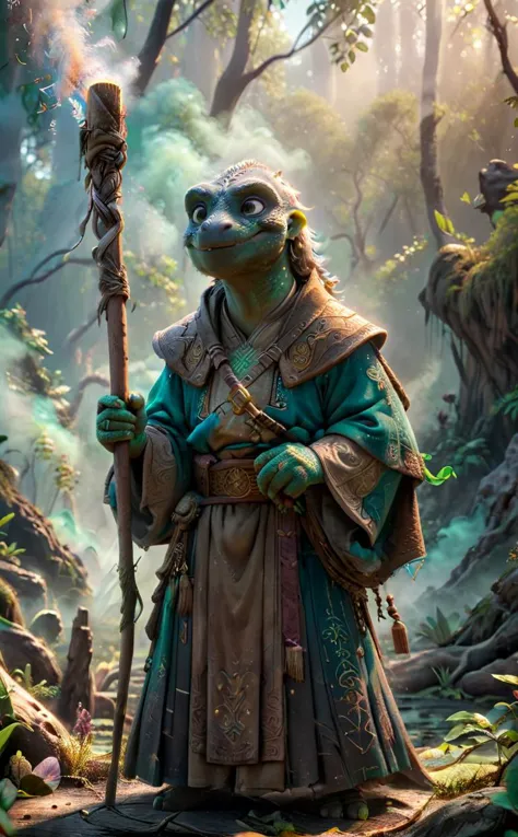 a painting of a frog dressed in a costume holding a staff