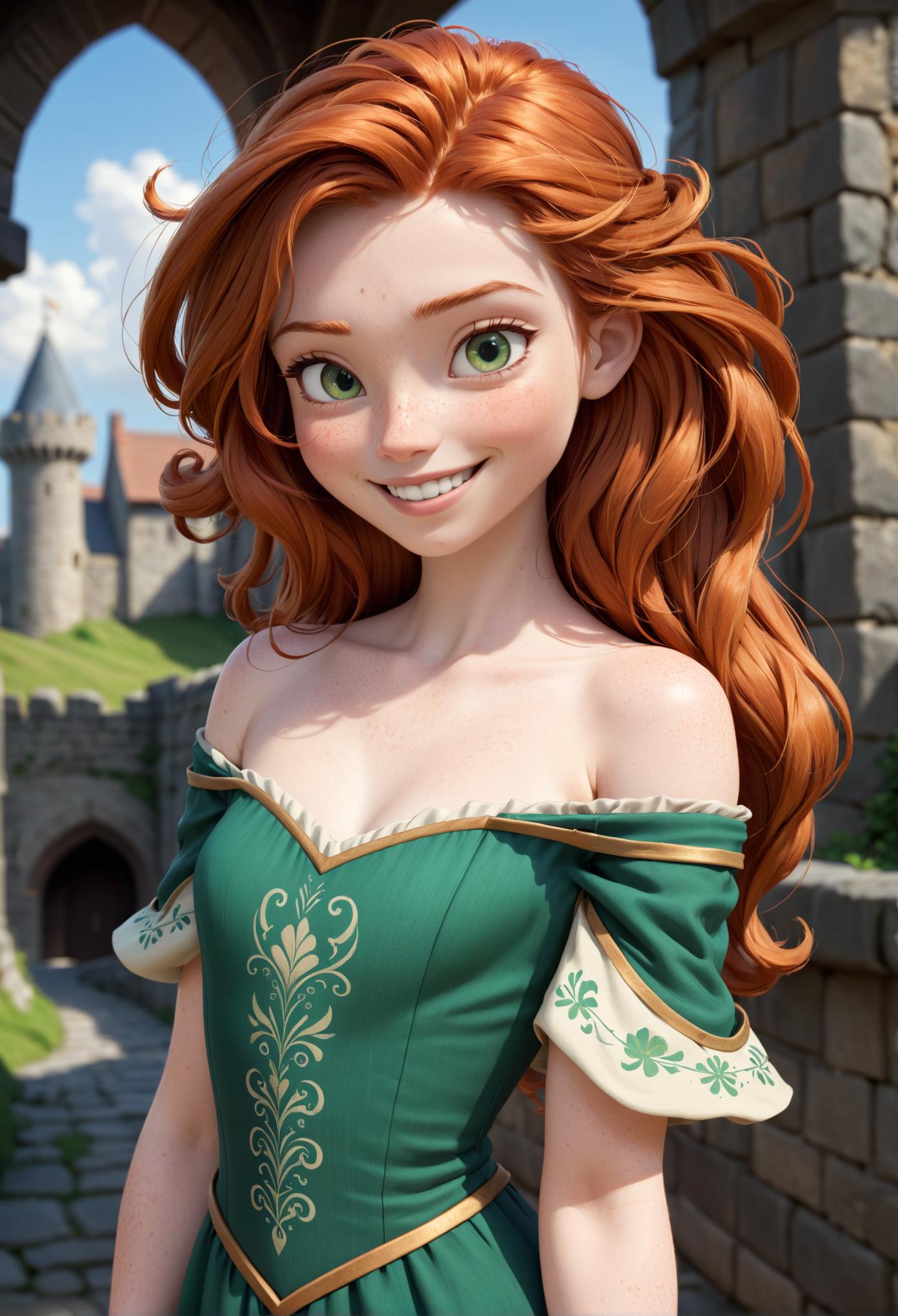 A close up of a woman in a green dress with red hair - SeaArt AI