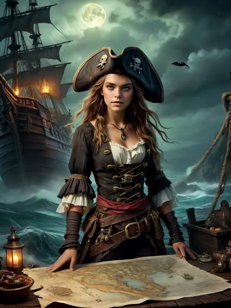 (Illustrate a haunted pirate ship on a cursed sea), (Design a cursed treasure map), Fantasy art, 18yo girl dressed as pirate for...