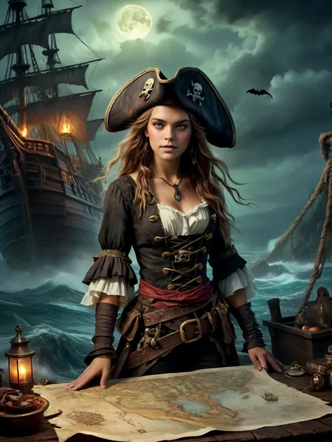 (Illustrate a haunted pirate ship on a cursed sea), (Design a cursed treasure map), Fantasy art, 18yo girl dressed as pirate for Halloween, airbrush painting, 

