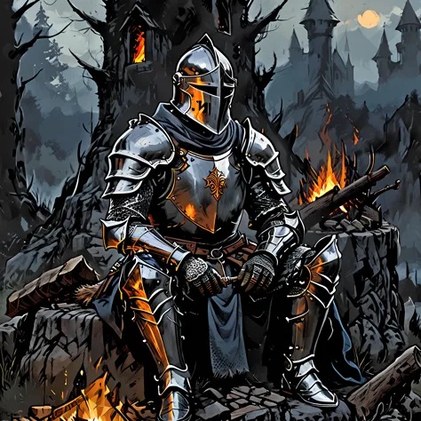best quality, masterpiece, ultra detailed, a knight sitting next to a campfire, wearing armor, fantasy, medieval, artwork, <lora...