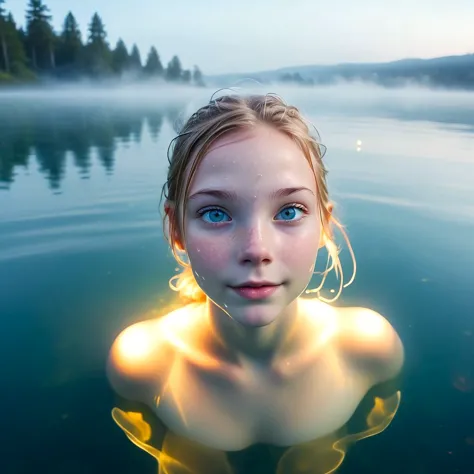 dslr photo, a 20 yo nordic girl swimming on a mystic lake,  looking at camera, delicate light azure eyes,  nightime,  ethereal ,...
