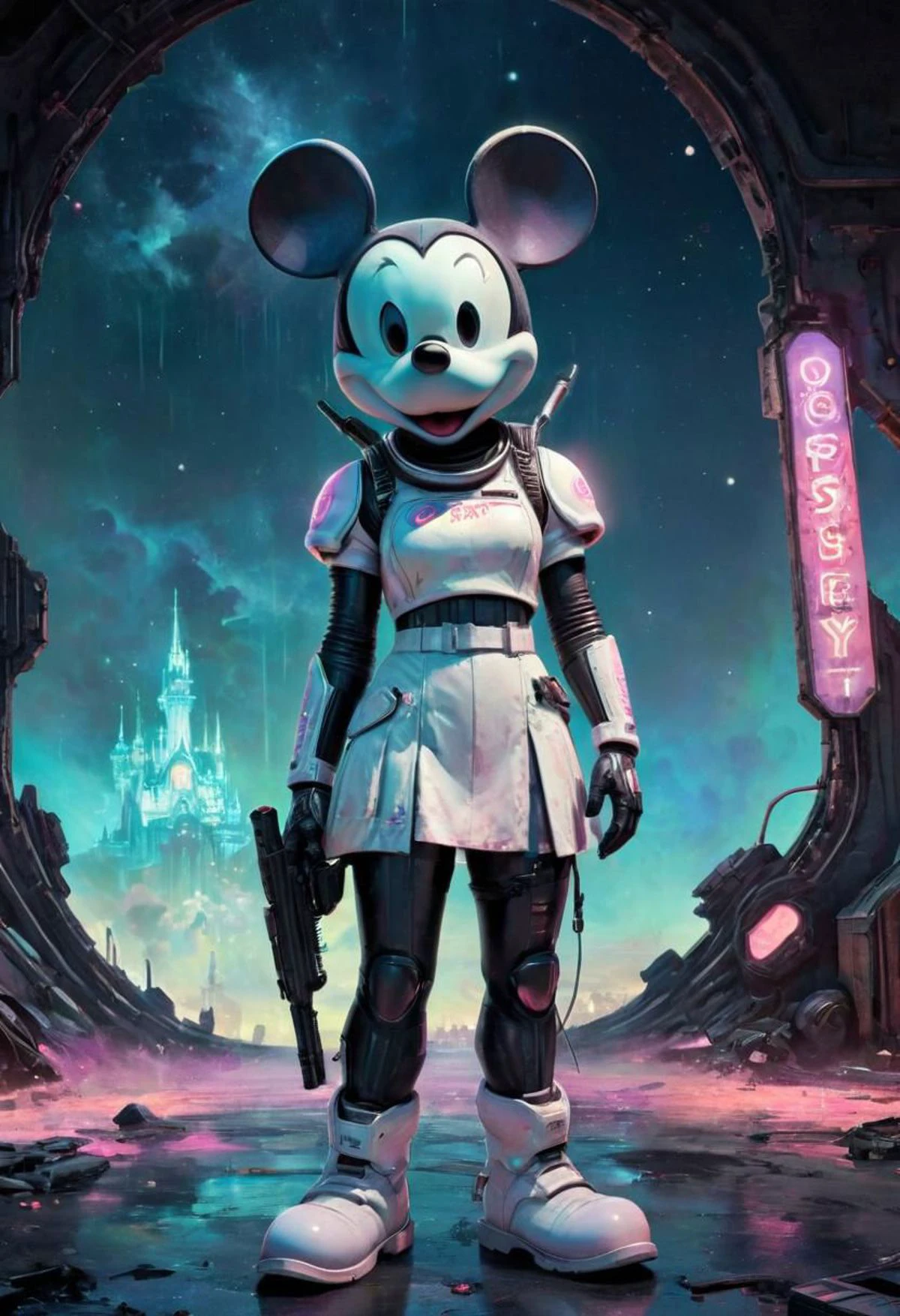 Disneyland dystopique néon profondément sombre, Texte néon-pastel OBEY, verre, Taches, style grunge de l&#39;espace, Mickey Mouse portant une armure de robe en coton blanche utilisée, fusil, Ambiance science-fiction, sale, bruyant, Uniforme spatial vintage, Très détaillé, HD,