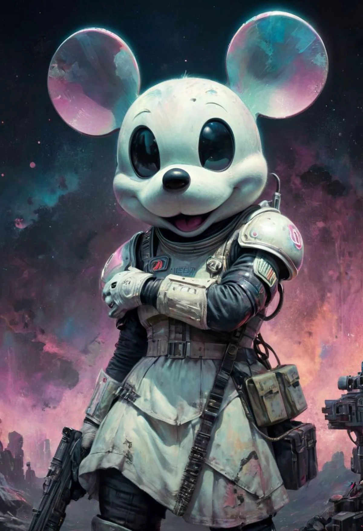 neon-pastel Text OBEY, Super Closeup Portrait, Profoundly dark neon dystopian Disneyland,  glass, Stains, space grunge style, mickey Mouse wearing White used Cotton Dress armor, rifle, Sci-fi vibe, dirty, noisy, Vintage space Uniform, very detailed, hd,