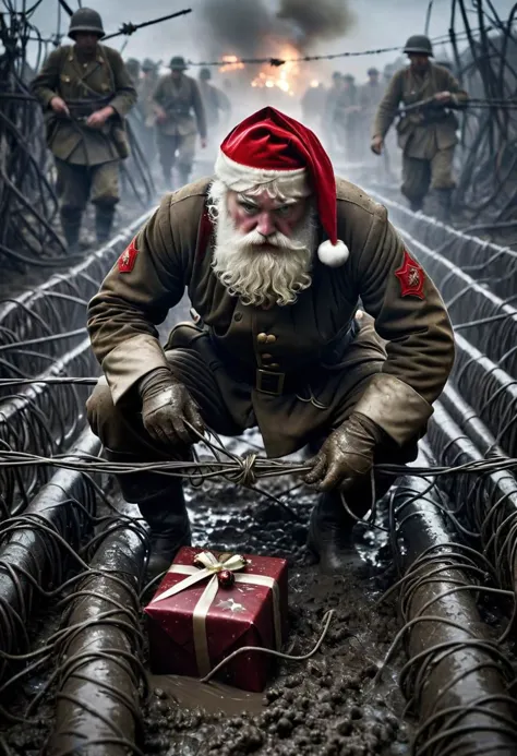 gritty photograph of stained and bloodied Santa crawling in the mud under tangled  razor wires in the noman's land of world war one, tangled messy razor wires, wrapped gift in hands, intensely focused expression, photo journalism, hyper realistic, nigthtime, mud craters, soldiers bodies on the ground, the night is illuminated by (multiple artillery shells exploding), fog and smoke,  mud is littered by empty shells, broken riffles, broken shovel and leather boots