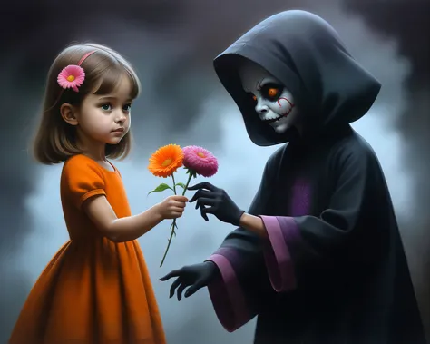((best quality)), ((masterpiece painting)), 1girl, a little girl in bright color clothes handing a flower to, 1character a ghast...