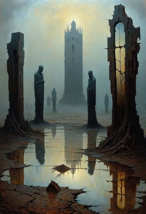 An endless river of figures, trudging through a barren landscape, towards an uncertain future, surreal and melancholic, by zdzislaw beksinski, Rain, ,  Ruins,Chessboard,Broken mirrors, Ghoulish, (Triadic:1.1), (Proportion:1.1),  (Frottage:1.1), (Reflected light:1.2), Parchment, Octagon, ultra detailed, intricate, oil on canvas, dry brush, (surrealism:1.1), (disturbing:1.1), <lora:by_zdzislaw_beksinski_finetuned:0.5>