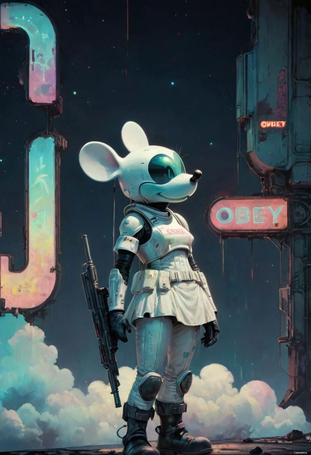 Sideview, neon-pastel Text OBEY, Profoundly dark neon dystopian Disneyland,  glass, Stains, space grunge style, mickey Mouse wearing White used Cotton Dress armor, rifle, Sci-fi vibe, dirty, noisy, Vintage space Uniform, very detailed, hd,