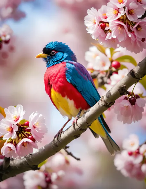 brightly colored bird perched on a branch of a cherry tree