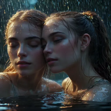 Ethereal, beautiful, realistic faces, immersed in water, 2girls, ancient, fantasy style, dappled moonlight, raindrops, reflectio...