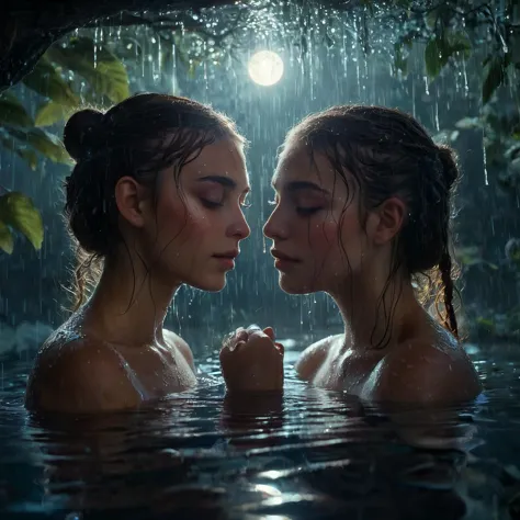 Ethereal, beautiful, realistic faces, immersed in water, 2girls, ancient, fantasy style, dappled moonlight, raindrops, reflectio...
