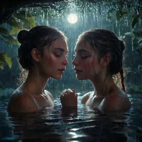 etéreo, Hermoso, caras realistas, sumergido en agua, 2 chicas, ancient, estilo de fantasía, luz de luna moteada, gotas de lluvia, reflexión, Reluciente, la intimidad de un abrazo,

24 años,

