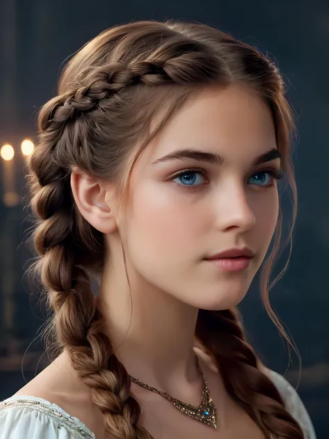 a woman with long hair and blue eyes wearing a braid