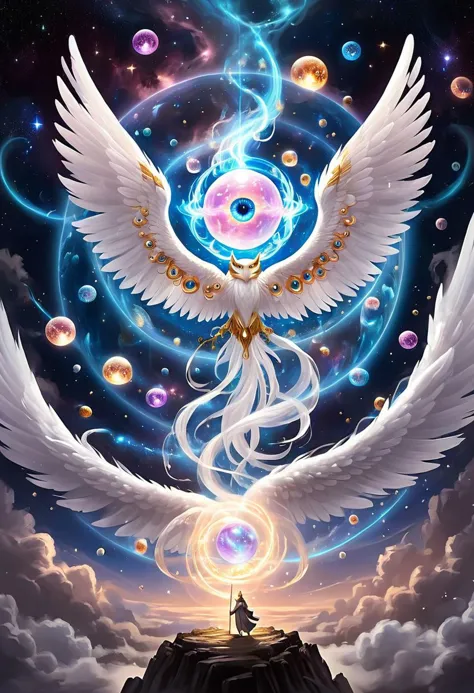 etéreo fantasy concept art of {serafines, Criatura mística con cientos de ojos y alas., anillos que giran como una esfera} . magnífico, celestial, etéreo, pictórico, épico, majestuoso, mágico, Arte De Fantasía, arte de la cubierta, soñador, bíblico, Angelical,