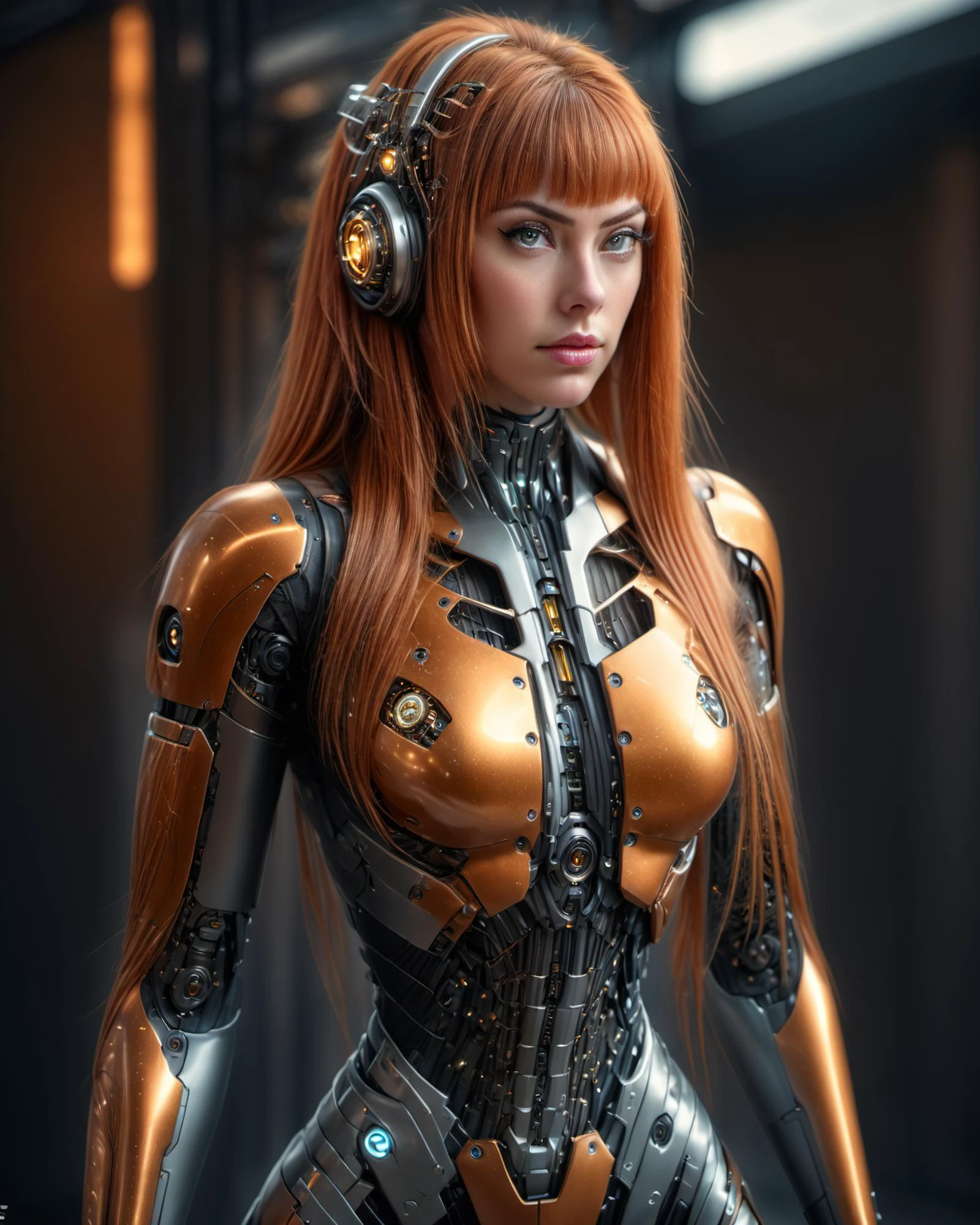 (detailed face), (photorealistic), (masterpiece), (photography), (realistic skin texture), alluring woman
sexy  1girl, , ginger,  (very long hair with bang), paddock girl,, looking at viewer, (cleavage), , (front view), narrow waist   futuristic suit cyborg style, cyborg, android, blurry background, blurred back DonMCyb3rN3cr0XL , techno-witch, cyborg, occultist space_Girl