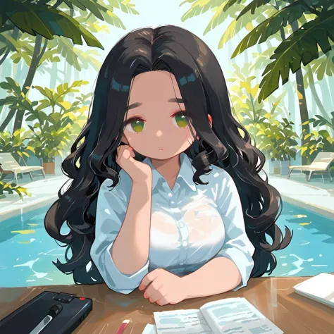 PonyScores7, source_anime, rating_safe, ah1, 1girl, (curly hair), long hair, (black hair), mature female, (parted hair:1.7), (round face:1.2), (no_bangs), (no_fringe), (thick eyebrows), (curvy), round-chin, (greenish hazel eyes), caucasian, (downturned eyes:1.2), (plump face), <lora:ETO_OCPonyXL:0.5> eto_oc, skindentation, (plump:1.2), thick thighs, wide hips, busty, voluptuous, kinky curls, lips, bad-hands-5, <lora:venus body PonyXL:0.6>, <lora:xl_more_art-full_v1:0.3>, <lora:shinyskin2:0.3> glistening skin, <lora:aesthetic_anime_v1s:0.3>, <lora:Expressive_H:0.3> Expressiveh, <lora:hairdetailpxl:0.3> hairdetailpxl, <lora:EpicF4nta5yXL:0.3>, <lora:detailxl:0.3> detailxl, <lora:Fant5yP0ny:0.3>, best quality, amazing quality, best aesthetic, absurdres, <lora:expressive eyes:0.3> expressive eyes, <lora:eyedetailpxl:0.3> eyedetailpxl, illustration, Volumetric_Lighting, ultra-detailed, very aesthetic, intricate details, 8k, masterpiece, best_quality, (Melancholic, Deeply thoughtful and slightly sad), (Through an over-the-shoulder perspective, providing context and depth), (Diving into the Pool of Eternity), (A lush, tropical island with dense vegetation, colorful birds flitting through the trees, and the distant sound of the ocean), (olivine reserved office worker, always seen typing at their desk a faint sound of keyboard clicks surrounding them), <lora:Eyes_High_Definition:0.3> EyesHD, looking at viewer,  Stable_Yogis_PDXL_Positives, AS-Adult,