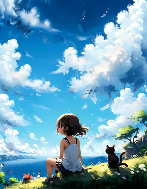 un animé,  assis sur la colline en regardant le ciel, avec ses cheveux au vent par temps clair, (avec un chat), (ciel bleu:1.25), regard de côté, jeune fille, nuage, mer sans fin, midi, été, cheveux flottants, cumulus nuages, forêt, arbre, Mise au point du visage, jolie photo détaillée, prise de vue grand angle, Réaliste, 8k euh, Haute qualité