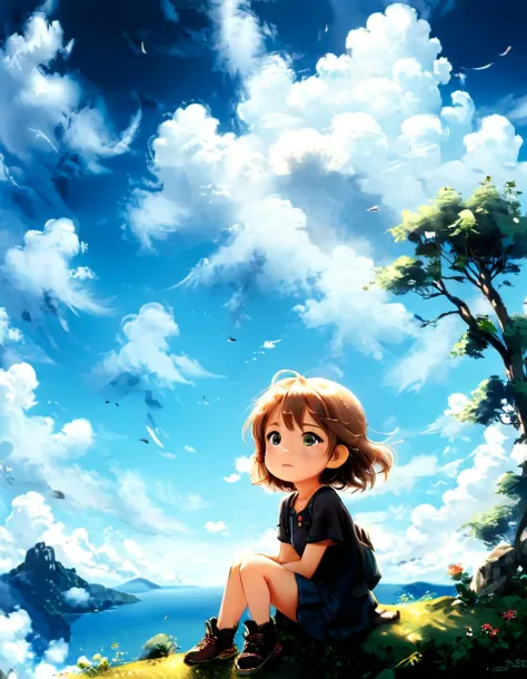 A anime, little girl sitting on the hill looking at sky, with her hair blowing in clear day, with cat, (blue sky:1.25), sideway ...