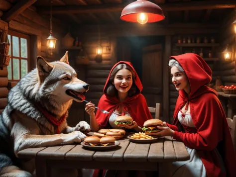 little red Riding hood, her grandmother and the wolf are sitting at a table in a village house eating burgers and rejoicing
<lor...