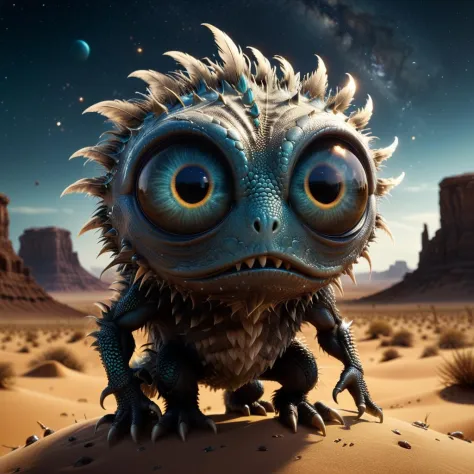 professional 3d model of cinematic film still full body shot of cute monster with eyeball, rule of thirds, tilt-shift, dark sepia colored feathers, lizard scales, chaos, oozing thick multicolored liquid, wet, reflections, splashes, detailed cornea, disintegration, stars, reflection of stars on the surface of the eyeball, bright, high quality, over-detailed, (complex: 1.4), (style by David Chipperfield, Chris Foss, Alebrije). Whole outfit, clear, sharp, balanced, on a sandy surface in the desert, in the distance, a strange sci-fi building is visible . shallow depth of field, vignette, highly detailed, high budget Hollywood movie, bokeh, cinemascope, moody, epic, gorgeous, film grain, grainy in futuristic fashion. Metallic, geometric, avant-garde, high-tech, octane render, highly detailed, volumetric, dramatic lighting