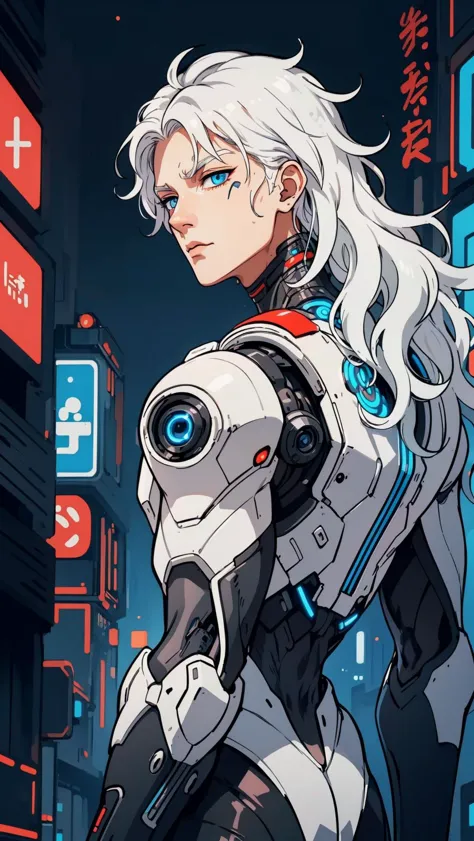 masterpiece, (1man), (half body), tall young man, male focus,((long wavy  white hair)), cyberpunk, cyborg, from_behind,looking_at_viewer, looking_back, fortified suit, black plugsuit, solo, standing, symmetrical eyes, blue eyes, eyeshadows, detailed face and eyes, dynamic lighting, cinematic lighting, volume lighting, ultra high resolution, cyberpunk, night cyberpunk city with neon lighting,  <lyco:GPTS5 Heavy_387306:0.5>, <lora:FINAL  Robort:0.7>