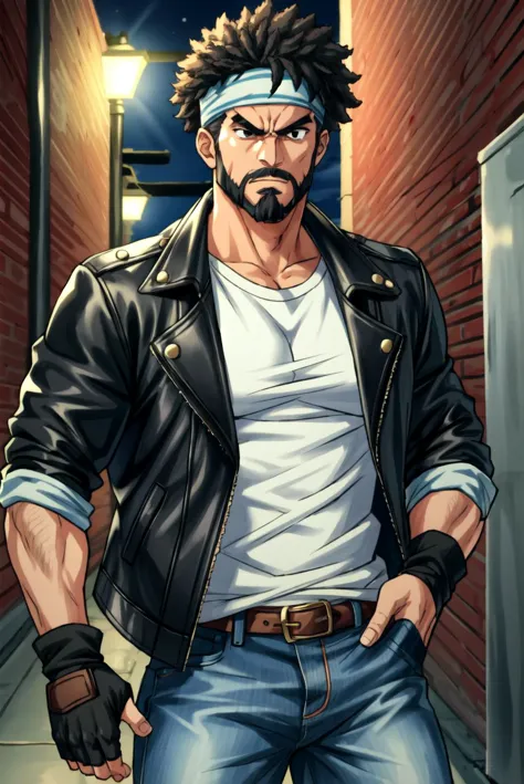 (nsfw), 1 daddy, Leather jacket, fingerless gloves, short afro, black eyes, tan, headband, white shirt, jeans, beard, daddy body, night, dark alley, angry face, goatee