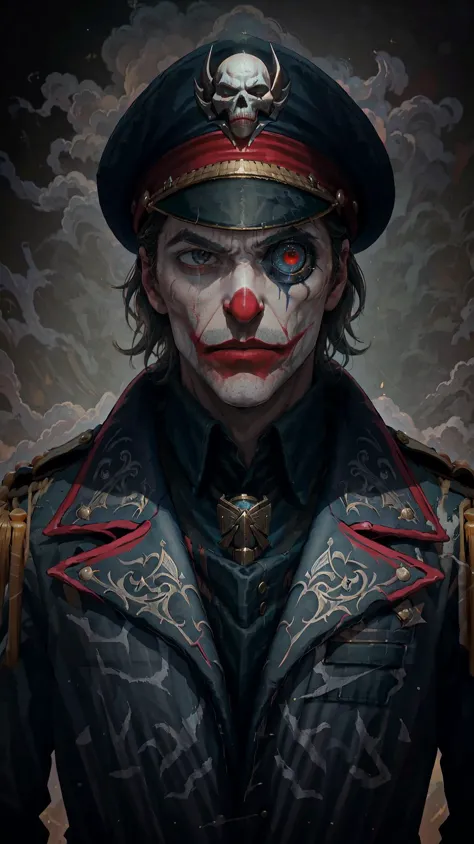 High Quality, Masterpiece, 1boy, solo, edgCommissar, epaulettes, wearing edgCommissar, ((artificial eye)), skull emblem, millitary uniform, hat, upper body, muscular male, The Joker, 