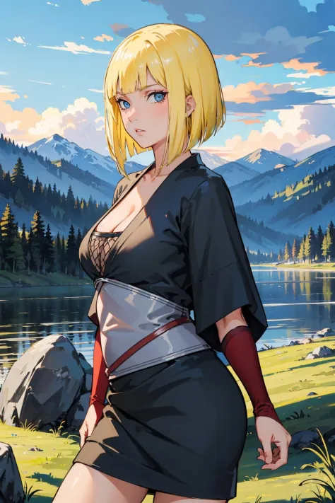 masterpiece, best quality, samui, black kimono, cleavage, vambraces, cowboy shot, looking at viewer, from side, emotionless, mountains, clouds, rock formations 