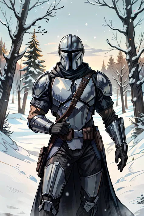 ((ultra detallado, obra maestra, absurdos))
 StarWMandalorian, 1 chico, no cara, casco, guantes, Invierno mágico y maravilloso con árboles cubiertos de nieve