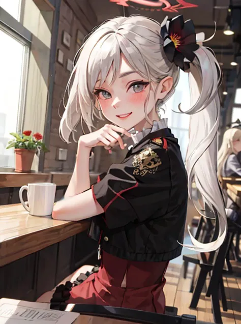 anime girl with long white hair sitting at a table in a restaurant