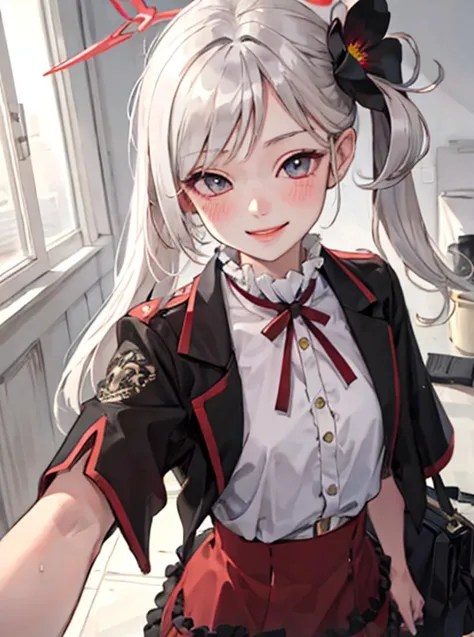 anime girl with white hair and red bow in a kitchen