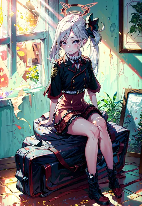 anime girl sitting on a suitcase in a room with a window