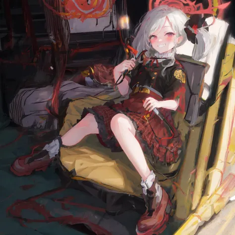 anime girl sitting in a chair with a sword and a red dress