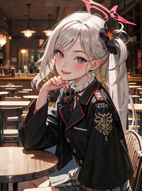 anime girl in uniform sitting at a table with a cup of coffee