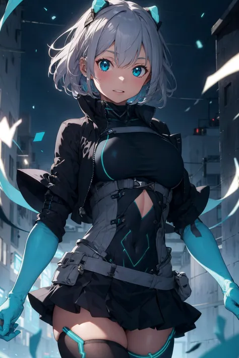 absurdres, best quality, 1girl, solo,  <lora:icey-nvwls-v1:0.8>, ic3y, black bodysuit, cropped jacket, black thighhighs, gloves,...