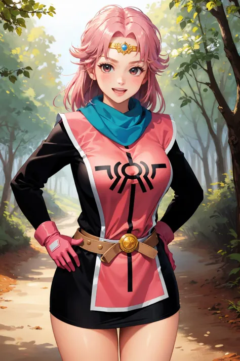 a woman in a pink and black outfit standing in a forest