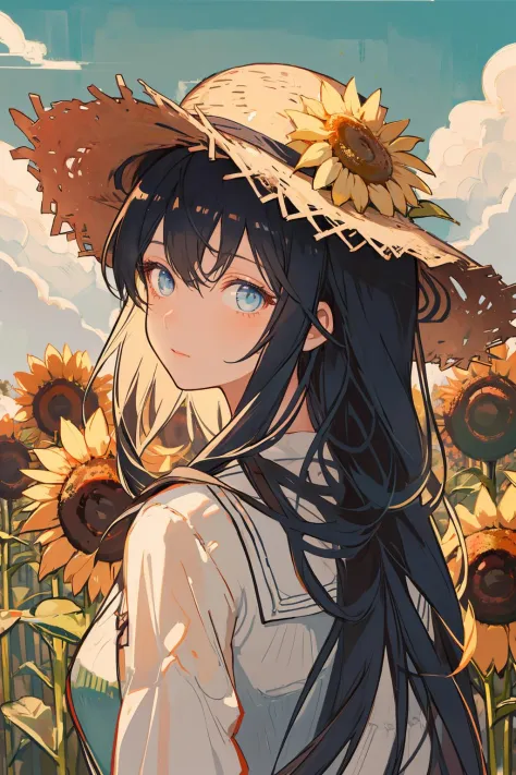 best quality illustration,1 girl,beautiful detailed eyes,beautifully detailed hair,black hair,blue eyes,sunflower field,van Gogh,straw hat,oil paint,portrait,look back,view from behind,