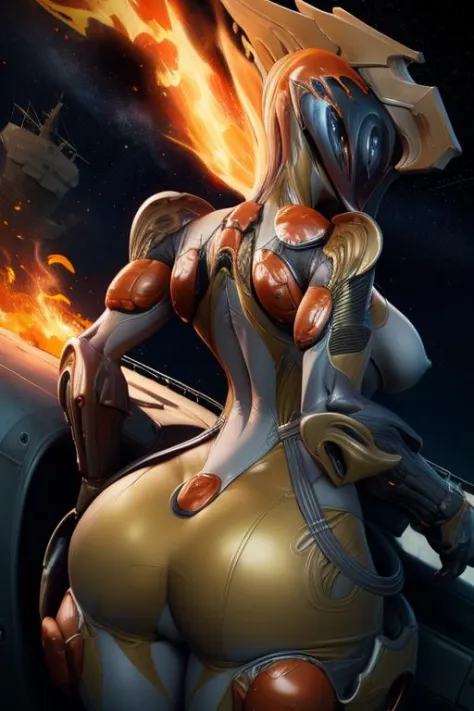 Ember, solo, cowboyshot, medium breasts, cameltoe,  large breasts,  helmet.  back view, ass, 
pace ship, industrial, stars, flames,  covered nipples, 
 (insanely detailed, beautiful detailed face, masterpiece, best quality),  <lora:Ember:0.8>