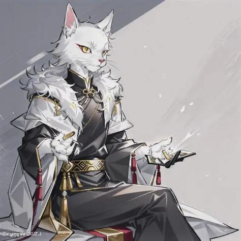 by zangusuu,by reysi,high quality,ultra detail,a muscular male anthro cat,furry,solo person,pure white fur,yellow eyes,red eyeliner:1.2,red eyeshawow:1.2,shao qin,<lyco:shao_qin:0.7>,chinese clothing,sitting,